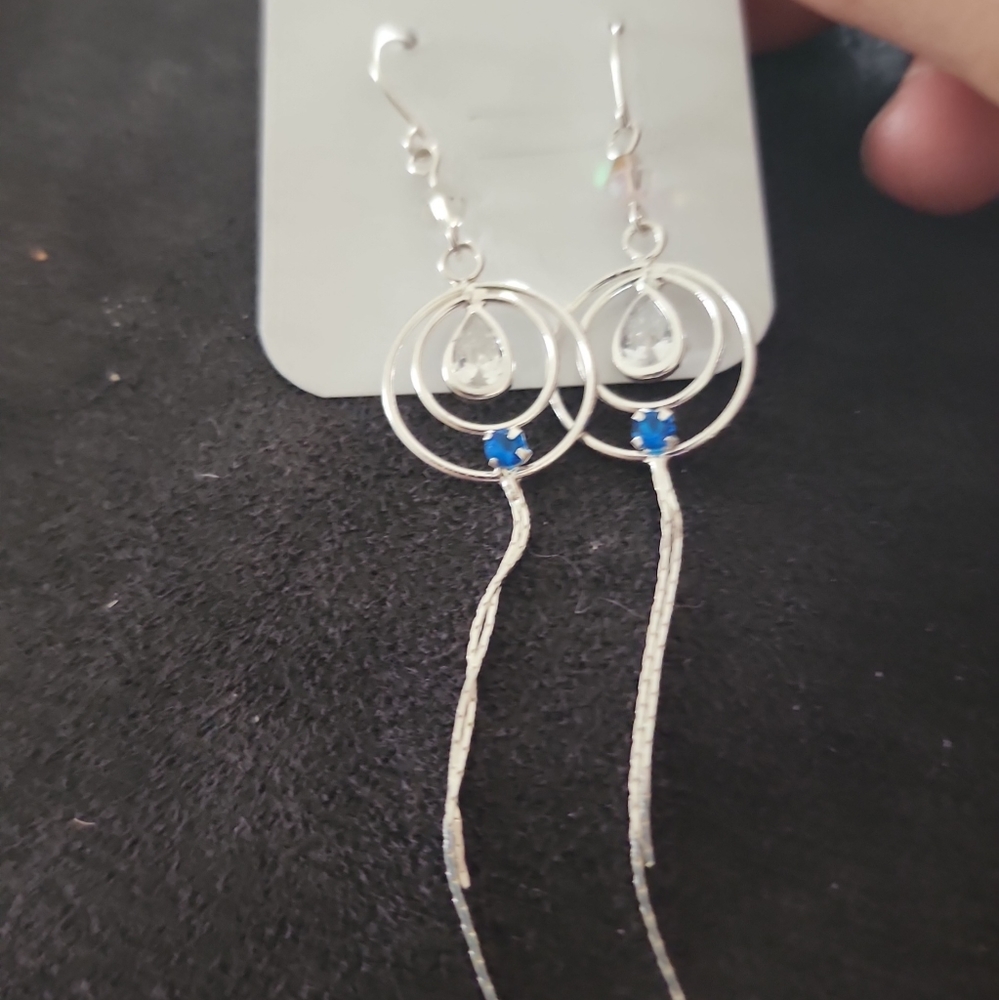 Sterling silver 925 long earrings w blue zircon